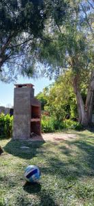 バラ・デル・チュイにあるPRAZER, Casa de Vacaciones en Barra del Chuy, Sol, Mar, Comodidad y compras a 400 mts del mar, se reserva con seña!の木の下の草の上に置かれたサッカーボール