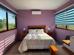 a purple bedroom with a bed and two windows at Casa en Huerto Frutal in Chicanna