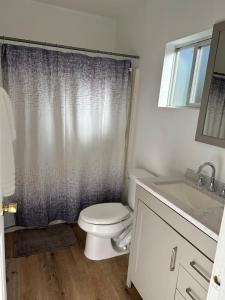 a bathroom with a toilet and a shower curtain at Ventura Blvd Guest House in Litton Industries Heliport