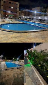 two pictures of a swimming pool at night at Apartamento Solaris in São Luís