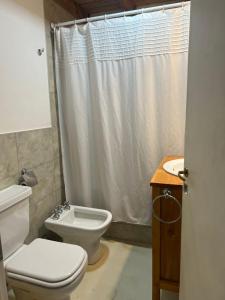 a bathroom with a toilet and a shower curtain at Chalten Mountain Loft 6 in El Chalten