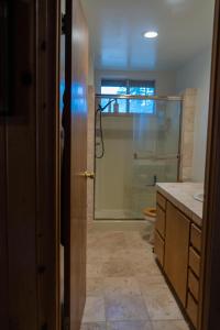 ein Badezimmer mit Dusche und Glastür in der Unterkunft Sunshine Cabin Cozy 3BR Getaway and Deck in Pine Mountain Club + 25 Fotos