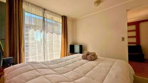 a teddy bear sitting on a bed in a bedroom at Viña Sunset Escape in Viña del Mar
