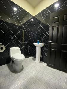 a bathroom with a toilet and a sink at Kosta Brava Hotel y Restobar in El Majahual