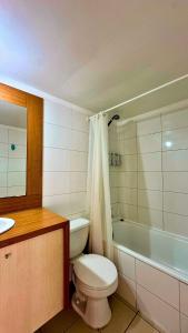 a bathroom with a toilet and a sink and a tub at Viña Sunset Escape in Viña del Mar +13 photos