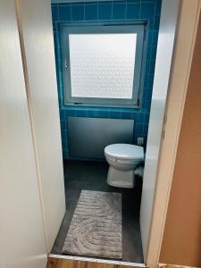 a bathroom with a window and a toilet with a rug at 2-room apartment with attached bathroom No Kitchen in Gelsenkirchen