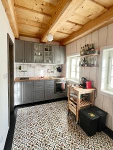 a kitchen with gray cabinets and a tile floor at Chalupa Andělka in Josefŭv Dŭl