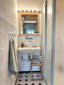 a bathroom with a sink and a shower at Chalupa Andělka in Josefŭv Dŭl