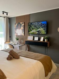 Schlafzimmer mit einem großen Bett und einem Flachbild-TV an der Wand in der Unterkunft Centro Cívico - GYM - Piscina - WiFi - Terraza - Security 24-7 in Santiago + 160 Fotos