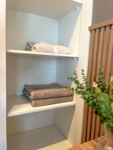 einen begehbaren Kleiderschrank mit Handtüchern auf Regalen in der Unterkunft Centro Cívico - GYM - Piscina - WiFi - Terraza - Security 24-7 in Santiago