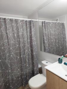 ein Bad mit einem Duschvorhang und einem WC in der Unterkunft Departamento cerca de la Playa in La Serena