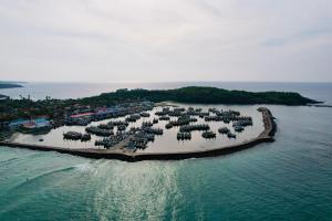 an aerial view of a small island in the ocean at Taprobana Island Bliss in Dickwella
