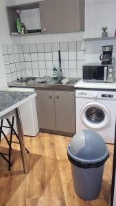 une cuisine avec une machine à laver et une table dans l'établissement Maisonnette avec jardin Reims centre, à Reims