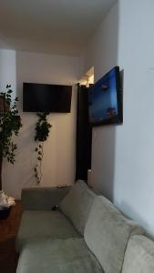 a living room with a couch and a flat screen tv at Quarto compartilhado para Homens in Sao Paulo
