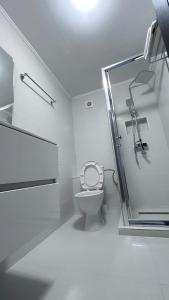 a bathroom with a toilet and a glass shower at Casa Joy in Bucharest +40 photos