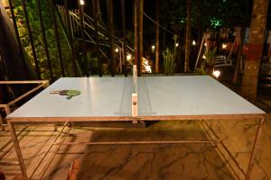 a ping pong table with a ping paddle on it at Dandeli redstone cottages in Dandeli