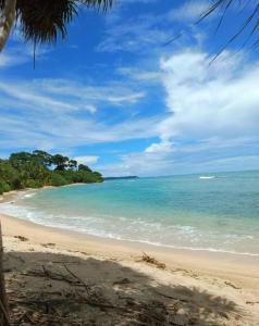 Una playa vacía con árboles y el océano. en MALLICK PALACE NEIL Island, en Neil Island