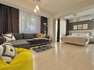 una sala de estar con una cama y un sofá en Reina Apartments Skopje with FREE Parking, en Skopje