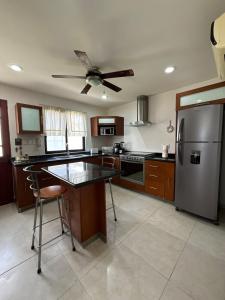 Il comprend une cuisine équipée d'un réfrigérateur en acier inoxydable et d'un ventilateur de plafond. dans l'établissement Casa Mango, à Conchal