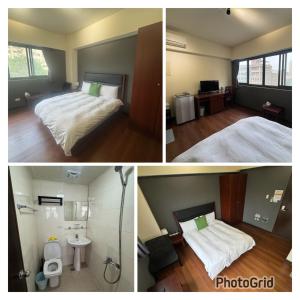 two pictures of a hotel room with a bed and a bathroom at Still Haus 静の宿 in Taichung