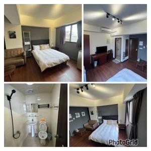 four different pictures of a hotel room with a bedroom at Still Haus 静の宿 in Taichung
