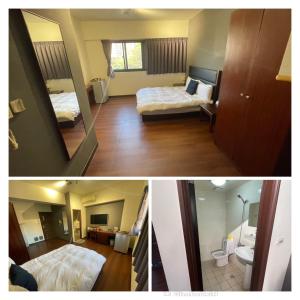 two pictures of a hotel room with two beds and a mirror at Still Haus 静の宿 in Taichung