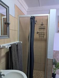 een douche met een glazen deur naast een wastafel bij Lion's Cave 1B in Mosselbaai