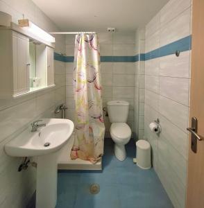 斯塔里斯4S Beach Superior Apartments的配有水槽、马桶和浴帘的浴室