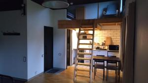 eine kleine Küche mit einer Treppe, die zu einem Dachboden führt in der Unterkunft Waterfront Residence in Ladziņas