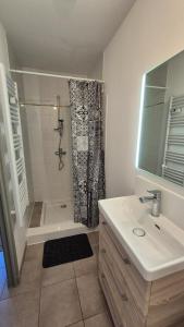 een badkamer met een douche, een wastafel en een bad bij Studio La Pause d'un Soir in Roye