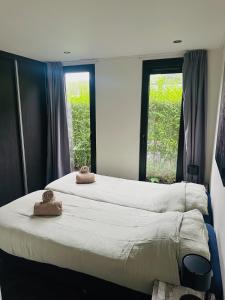 two beds in a room with two windows at Stylish chalet in nature near Amsterdam in Halfweg