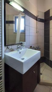ein Badezimmer mit einem weißen Waschbecken und einem Spiegel in der Unterkunft Thealia in Karefilianá