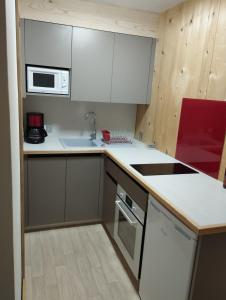 a small kitchen with white cabinets and a sink at Studio Mont d'Arbois in Megève