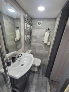 une salle de bain avec un lavabo et des toilettes dans l'établissement The Orange Outpost - Modern Studio Near Alhambra, à Bradford 27 autres photos