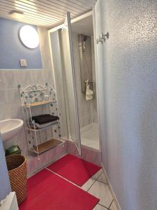 a small bathroom with a shower and a sink at Cottage Le pêcheur du Grand Large proximité plage in Asnelles