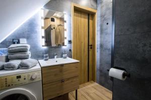 a bathroom with a sink and a washing machine at Agroturystyka u Wańka in Wisła +42 photos