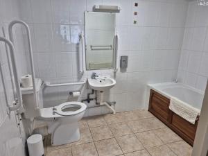 a bathroom with a toilet and a sink and a tub at Byards Leap Lodges in Welbourn
