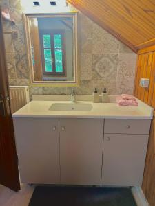 a bathroom with a sink and a mirror at Forest cottage top of the world in Vourgareli