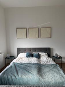 une chambre avec un lit avec trois tableaux au mur dans l'établissement schönes Apartment in Zentrumsnähe, à Klagenfurt am Wörthersee