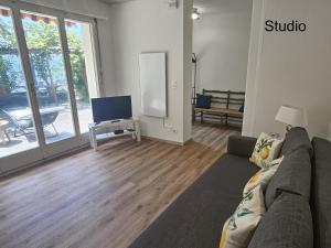 un salon avec un canapé et une télévision à écran plat dans l'établissement Casa Colombina & Studio by Fewotessin, à Gordola