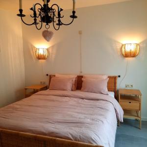 兰登Met een knipoog naar de fruitstreek!的一间卧室配有带2个床头柜和2盏灯的床