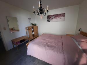 兰登Met een knipoog naar de fruitstreek!的卧室配有粉红色的床和镜子