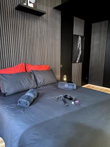 a large bed with blue sheets and pillows on it at Cinquante Nuances Ponotes in Le Puy en Velay