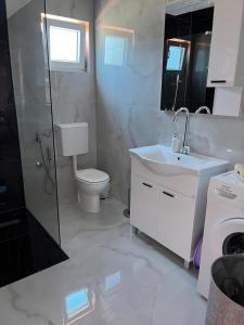 Un baño con inodoro, lavabo y ducha. en Vila Ayla, en Blagaj
