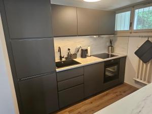 a kitchen with gray cabinets and a sink at Casa Colombina Duplex by Fewotessin in Gordola +20 photos
