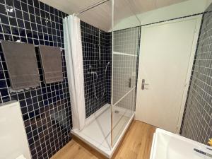 a bathroom with a shower and a sink at Casa Colombina Duplex by Fewotessin in Gordola