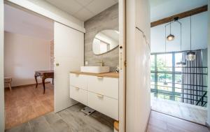 a bathroom with a sink and a mirror at La Cave des Miracles in Dracy-le-Fort +37 photos