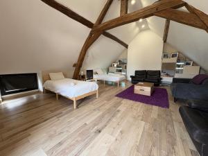 a living room with a bed and a tv at La Cave des Miracles in Dracy-le-Fort