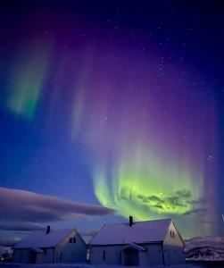 ein Polarlicht am Himmel über einem Haus und Gebäuden in der Unterkunft Arctic Fjord House - Fjord View, Sauna, Hot Tub in Karlsøy
