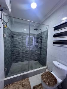 een badkamer met een glazen douche met toilet bij Entire home in Haatso in Ashonman
